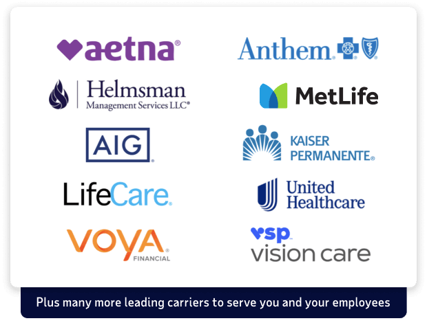 Featured carrier logo: Aetna, Anthem, Helmsman, MetLife, AIG, Kaiser Permanente, LifeCare, United Healthcare, Voya Financial, VSP Vision Care