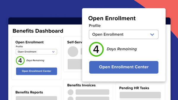 A graphic of the ADP Workforce Now interface displaying a Benefits Dashboard with 'Open Enrollment' and a countdown of days remaining.