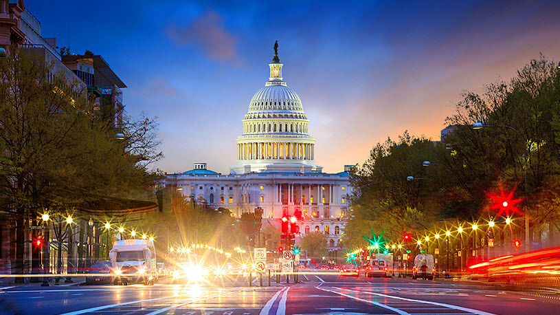 Evening street-level view of the United States Capitol building