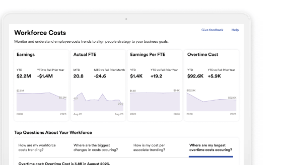 Screenshot of Workforce Costs dashboard showing earnings, actual FTE, earnings per FTE, and overtime costs on laptop device