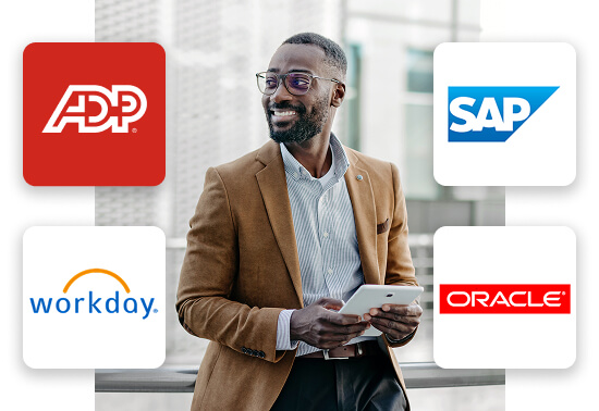 ADP, Workday, SAP, and Oracle logos.