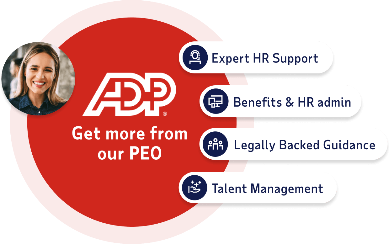 ADP: get more from our PEO. Expert HR support, benefits & HR admin, legally backed guidance, talent management