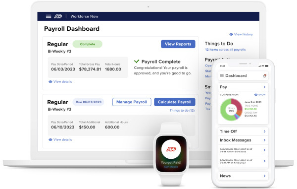 Screenshot of payroll dashboard on laptop and mobile devices