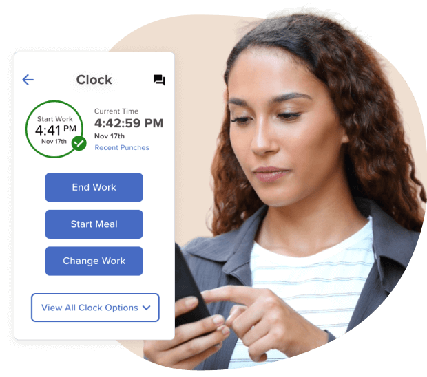 A person looking at their mobile phone with ADP time clock interface overlaid