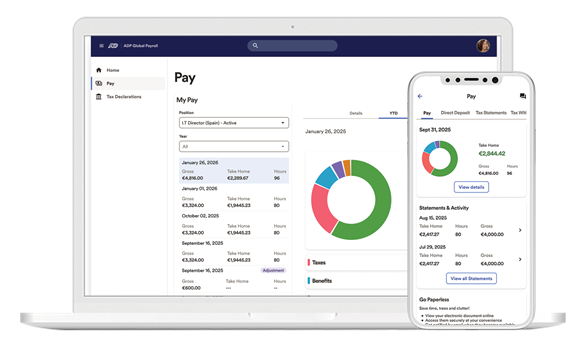 ADP® Global Payroll My Pay employee dashboard in desktop and mobile view.