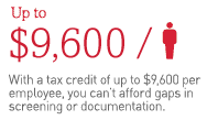 With a tax credit of up to $2,400 per employee, you can’t afford gaps in screening or documentation.