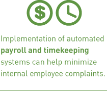 Implementation of automated payroll and timekeeping systems can help minimize internal employee complaints.
