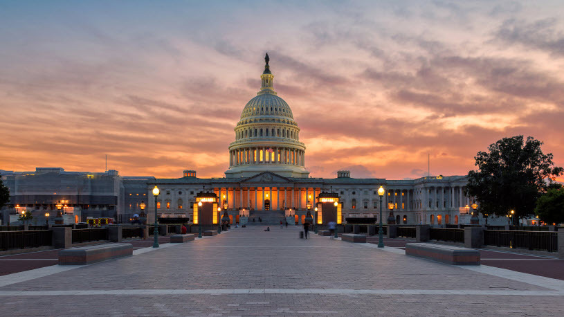The US Capitol Building in Washington DC at sunset