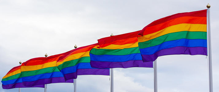 A row of six rainbow flags waving in the wind