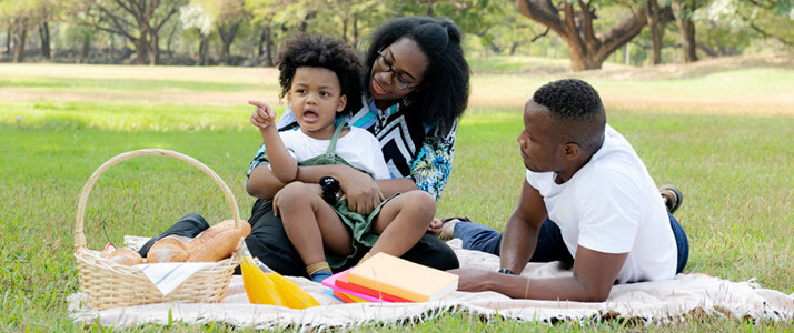 A Black familiy relaxing on a blanket in a park with picnic