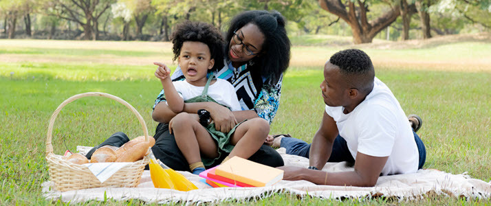 How to Celebrate Labor Day Every Day A Black familiy relaxing on a blanket in a park with picnic