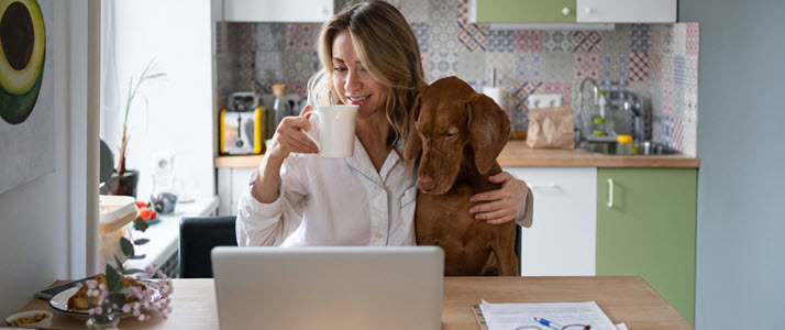 woman working remote compliance from kitchen table with dog