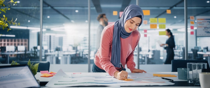Woman wearing a hijab working on office conference room