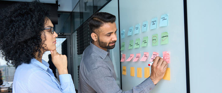 male and female coworkers planning in conference room with notes male and female coworkers planning in conference room with notes