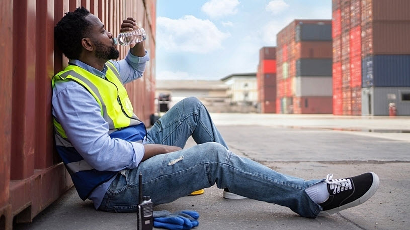 Port worker in safety vest resting needs a break Port worker in safety vest resting needs a break
