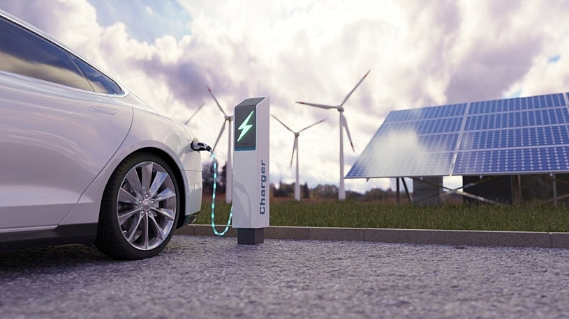 Electric car using charging station, solar panels and wind farm Electric car using charging station, solar panels and wind farm