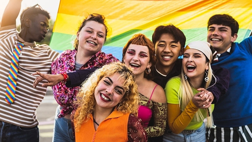 Happy diverse young friends celebrating gay pride festival - Happy diverse young friends celebrating gay pride festival