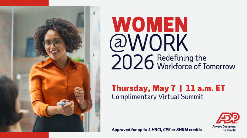 ADP Women@Work 2026 graphic promoting event date of May 7, 2026 at 11 a.m. ET