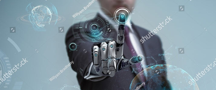 businessman with robot hand touching touchscreen