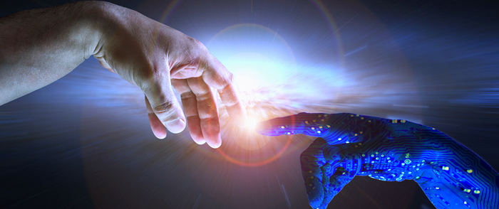 A human hand touches an artificial robot hand.