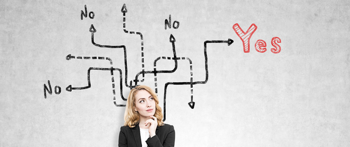 Data-Driven Decisions Businesswoman considering multiple decisions