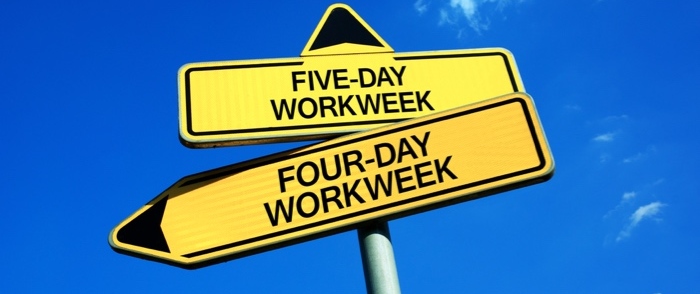 Four-day work week Two road signs read fiveday week and fourday week