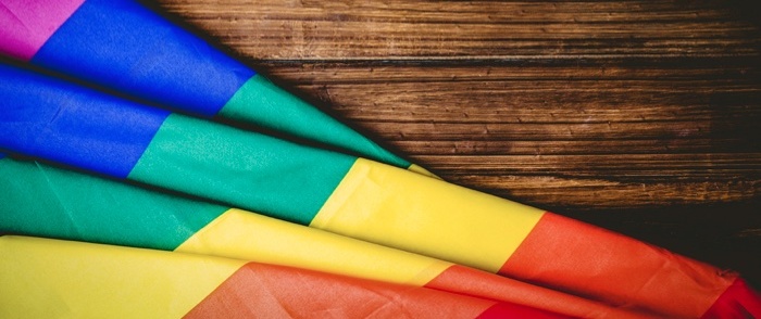 Gay pride flag on wooden table shot in studio