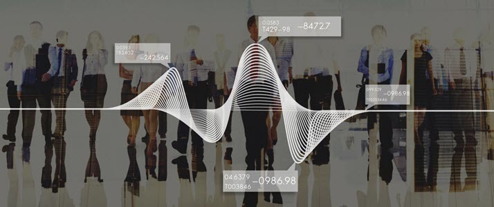 wave graph illustration with group of workers behind wave graph illustration with group of workers behind