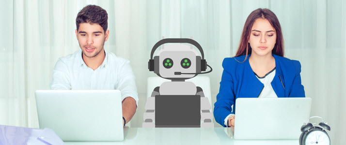 male and female and robot side by side on laptops