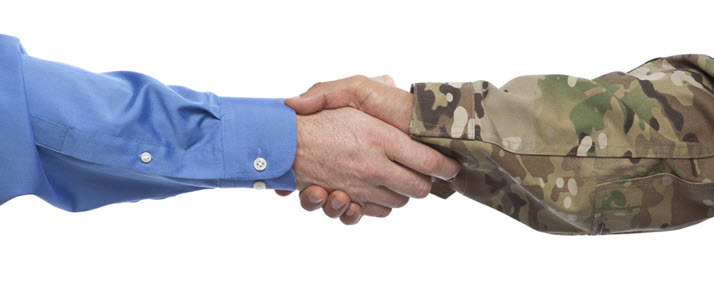 military and businessman handshake