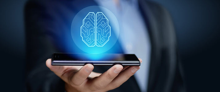woman holding smart phone with brain image above it