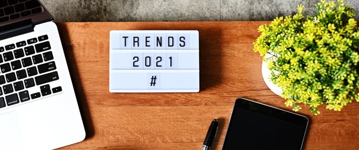 Trends in HCM Tech for 2021 How Will HCM Tech Continue to Evolve trends 2021 words with laptop and plant on desk
