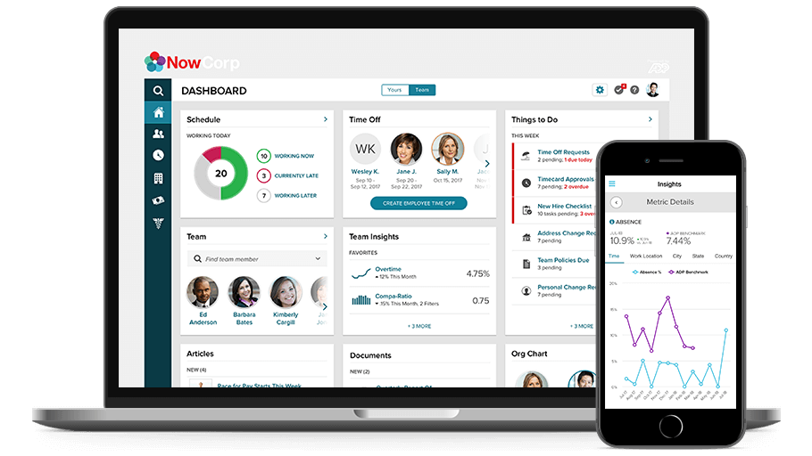 ADP TotalSource/PEO desktop dashboard and mobile app.