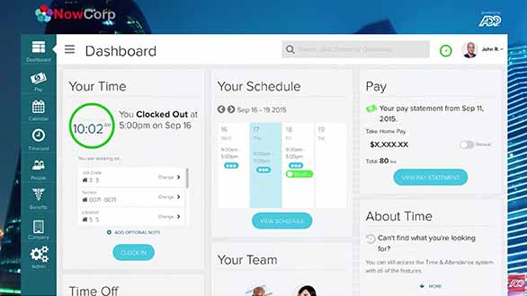 Screenshot of ADP Vantage HCM dashboard showing employee time, schedule, and pay