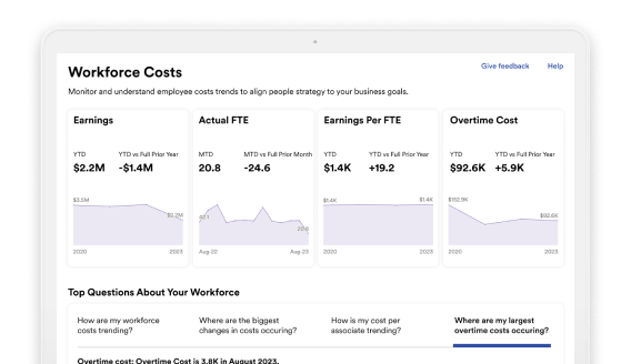 Screenshot of Workforce Costs dashboard showing earnings, actual FTE, earnings per FTE, and overtime costs on laptop device