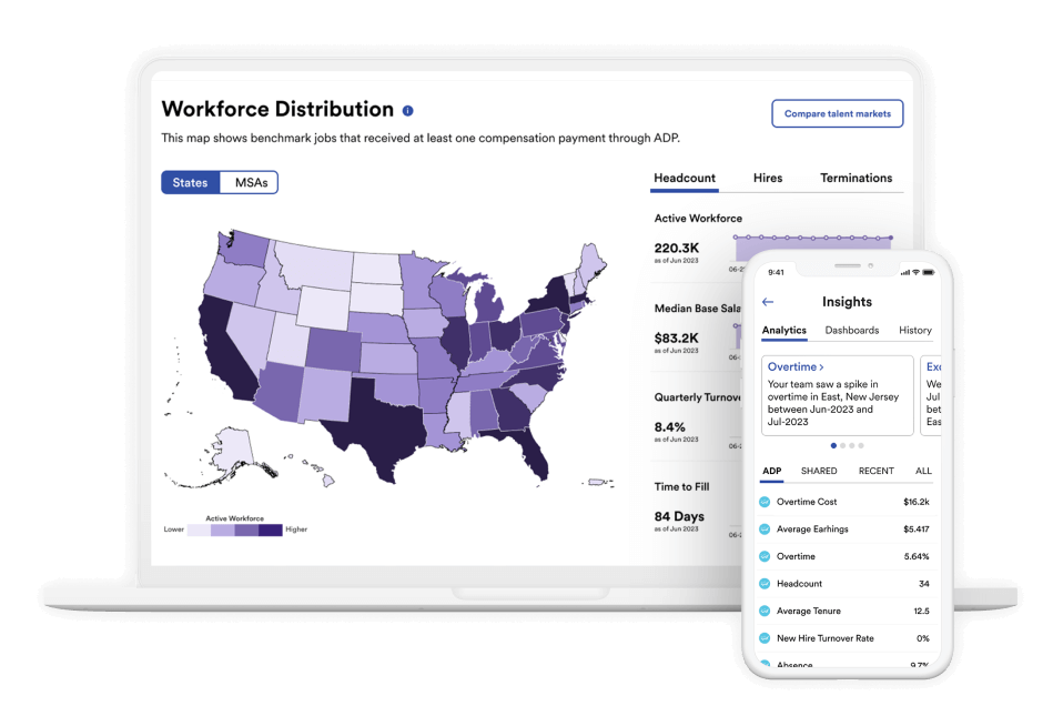 Screenshot of Workforce Distribution heat map on laptop and insights analysis dashboard on mobile device