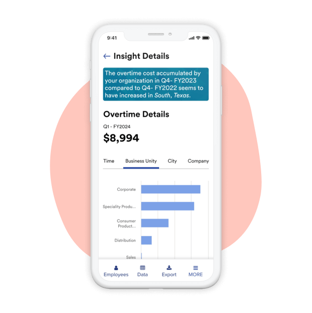 Screenshot of manager insights dashboard highlighting overtime details by business unit on mobile device