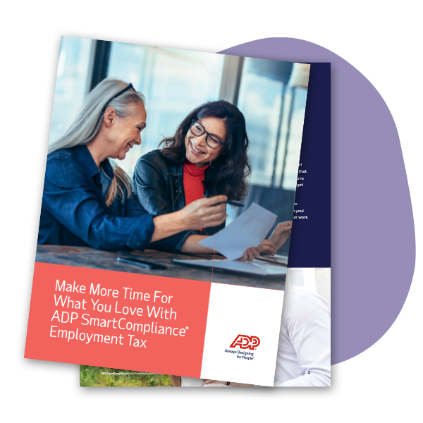 Two payroll professionals review the ADP Payroll Tax Compliance Guide together