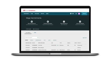 Screenshot of Wage Garnishment dashboard on laptop device