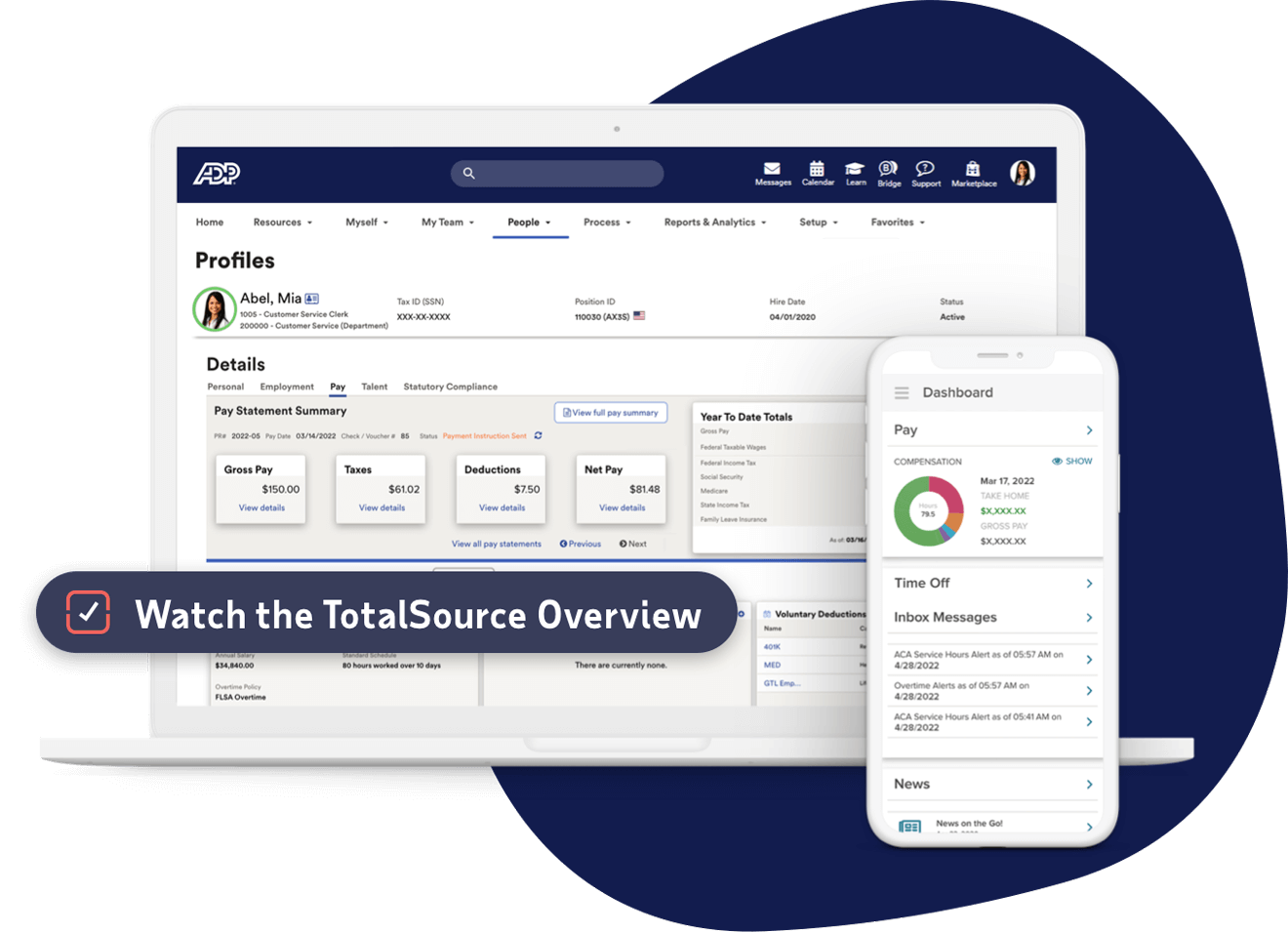 ADP TotalSource/PEO desktop dashboard and mobile app.