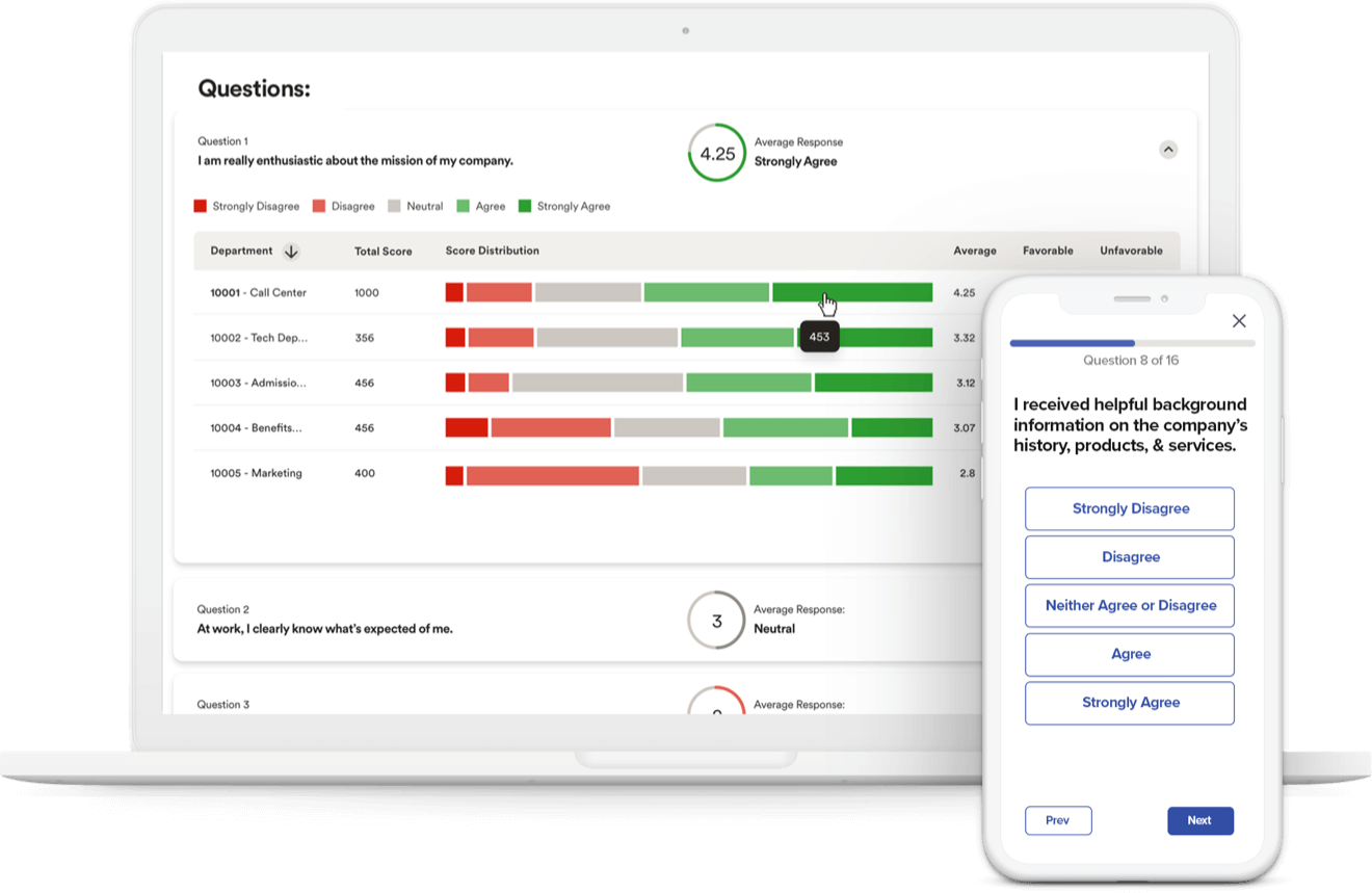 Screenshot of employee responses and answer averages for the first question of the employee survey on desktop and mobile screenshot of question eight of the employee survey