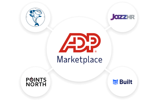 Featured ADP Marketplace application logos: ClockShark, JazzHR, Points North, Quickbooks