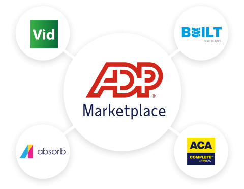 Featured ADP Marketplace application logos: VidCruiter, Built, Absorb, ACA Complete