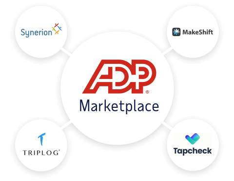 Featured ADP Marketplace application logos: Synerion, MakeShift, Triplog, and Tapcheck
