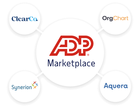 Featured ADP Marketplace application logos: ClearCompany, OrgChart, Synerion, Aquera