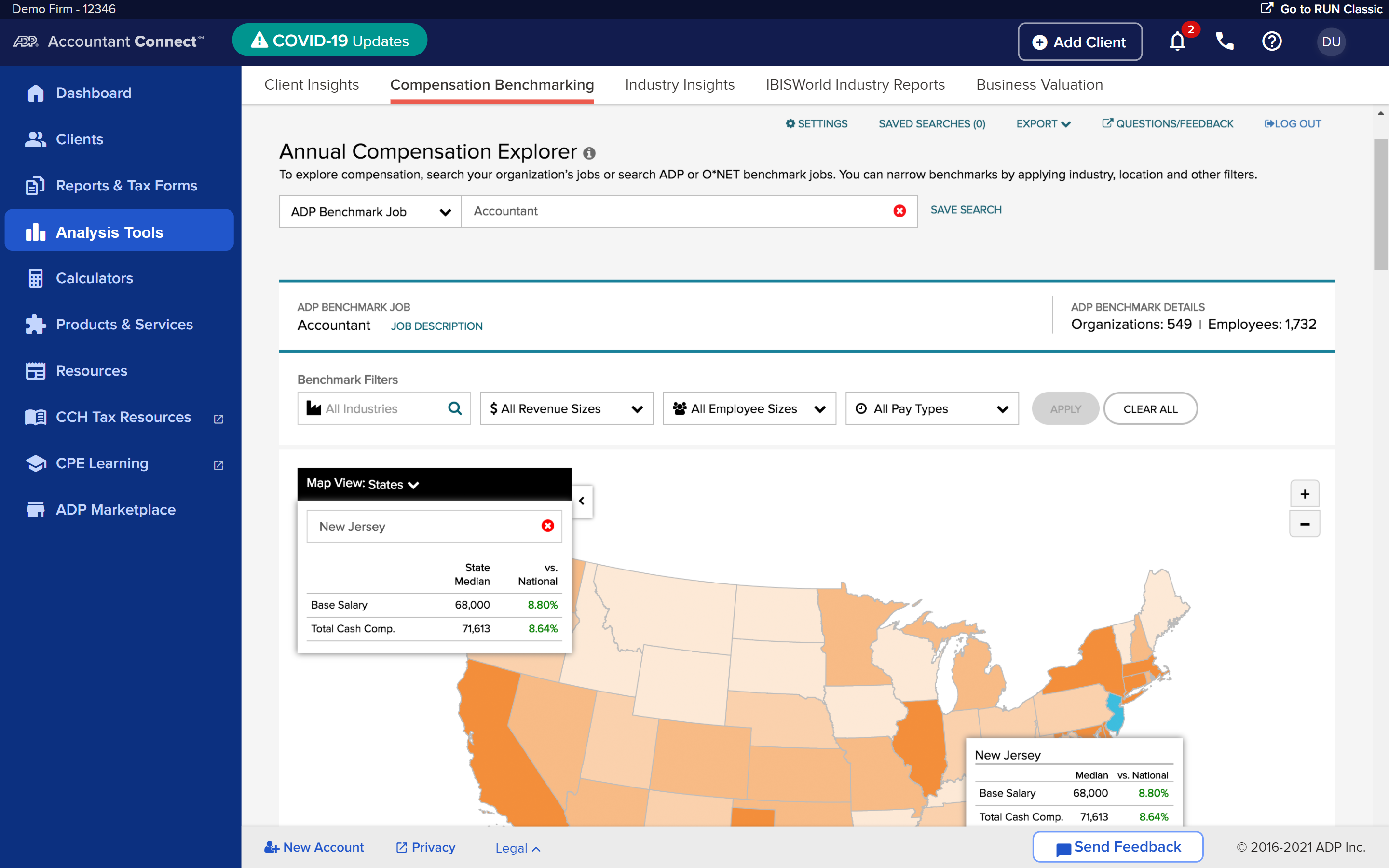 Accountant Connect Comprehensive Benchmarking screen