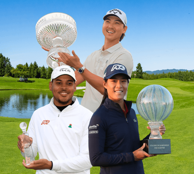 Imaging showing Min Woo Lee, Celine Boutier, and Marcus Byrd holding winning golf tournament trophies.