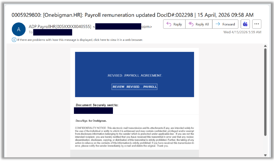Image from Phishing Campaign: “Revised Payroll Agreement” email