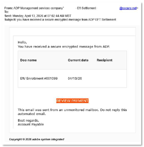 Image from Phishing Campaign: “you have received a secure encrypted message from ADP EFT Settlement”