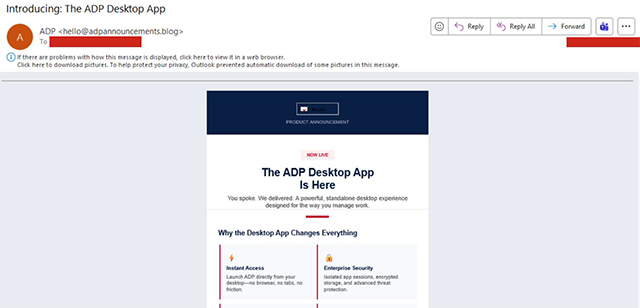 Example of email Phishing Campaign: Introducing: The ADP Desktop App